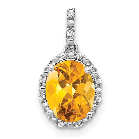 14K White Gold 2.75 Carat Natural Citrine Oval Diamond Halo Pendant