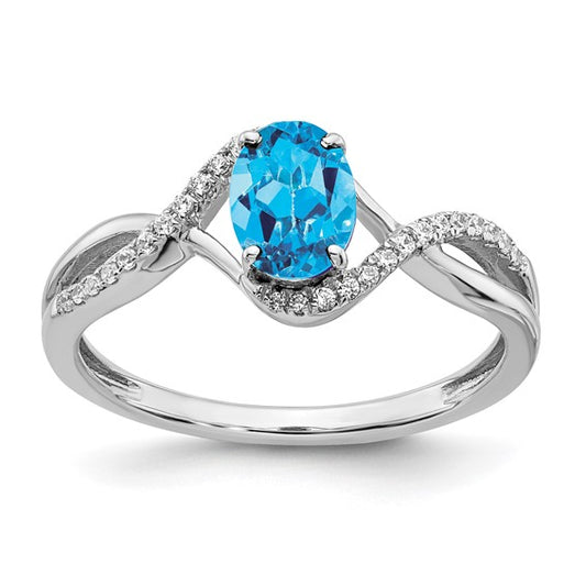 14K White Gold Blue Topaz With Diamond Pave Ring
