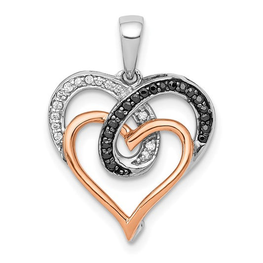 14K White/Rose Gold Two Tone White & Black Accent Double Heart Pendant