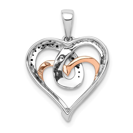 14K White/Rose Gold Two Tone White & Black Accent Double Heart Pendant