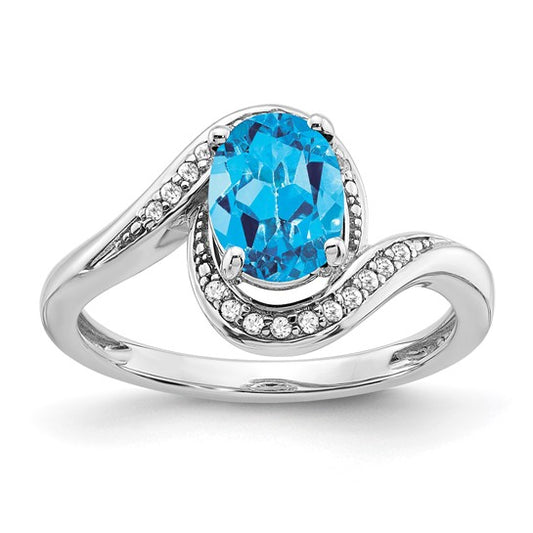 14K White Gold Blue Topaz & Diamond Pave Fancy Cut Ring
