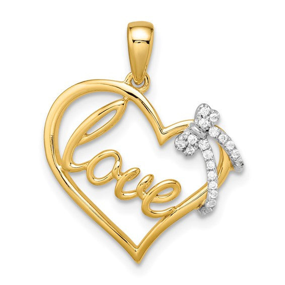 14K Yellow Gold Love Heart Diamond Ribbon Pendant