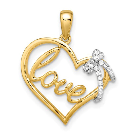 14K Yellow Gold Love Heart Diamond Ribbon Pendant