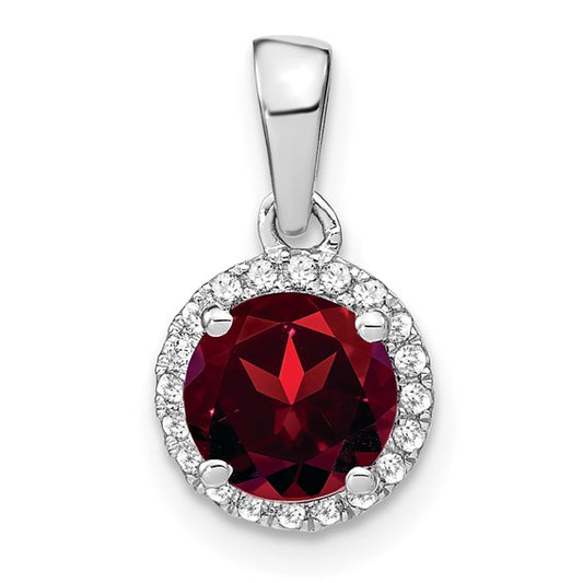 14K White Gold Circle Cut Natural Garnet & Diamond Halo Pendant