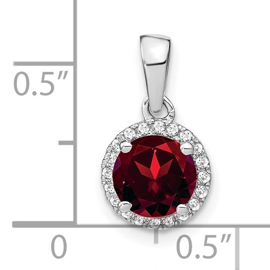 14K White Gold Circle Cut Natural Garnet & Diamond Halo Pendant