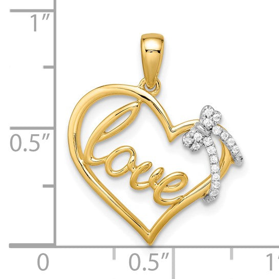 14K Yellow Gold Love Heart Diamond Ribbon Pendant