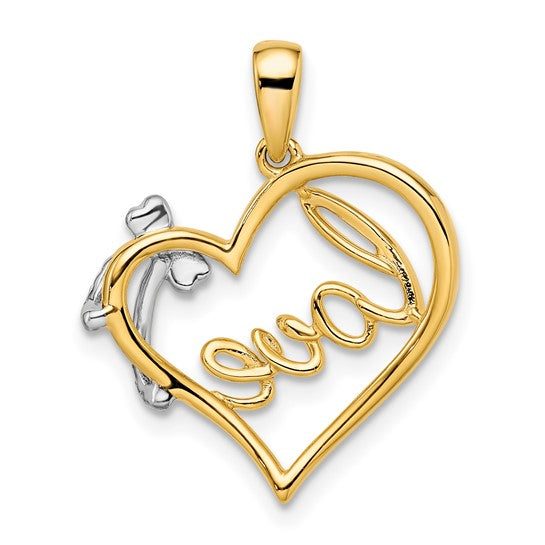 14K Yellow Gold Love Heart Diamond Ribbon Pendant