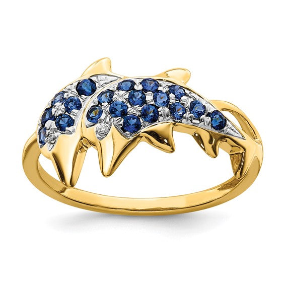 14K Yellow Gold Sapphire & Diamond Dolphin Sea Life Ring