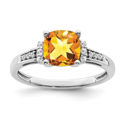 14K White Gold Center Cushion Stone Natural Citrine & Diamond Ring