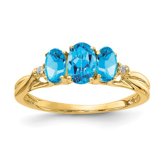14K Yellow Gold 3 Stone Blue Topaz & Diamond Ring
