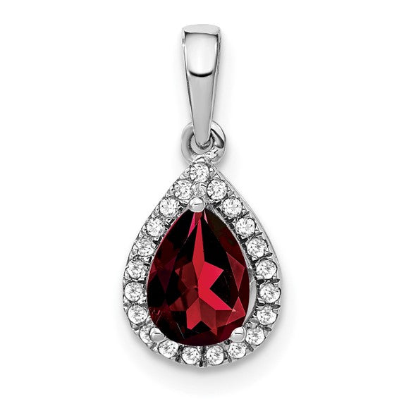 14K White Gold Pear Cut Natural Garnet & Diamond Halo Pendant