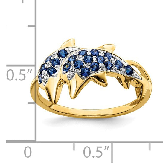 14K Yellow Gold Sapphire & Diamond Dolphin Sea Life Ring