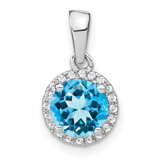 14K White Gold 1.5 Carat Blue Topaz Round Halo Diamond Pendant