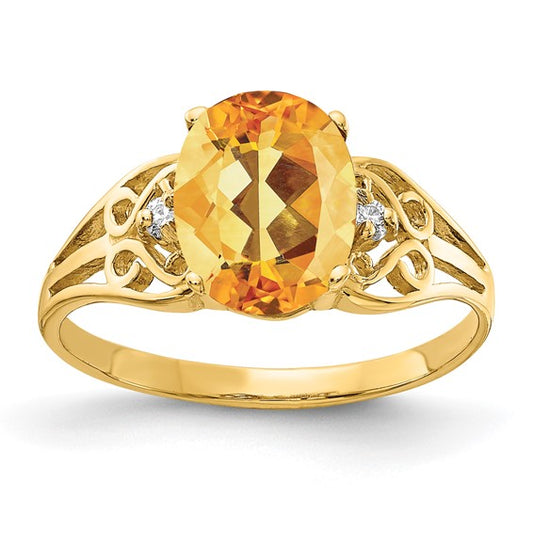 14K Yellow Gold Large Natural Citrine & Diamond Center Ring