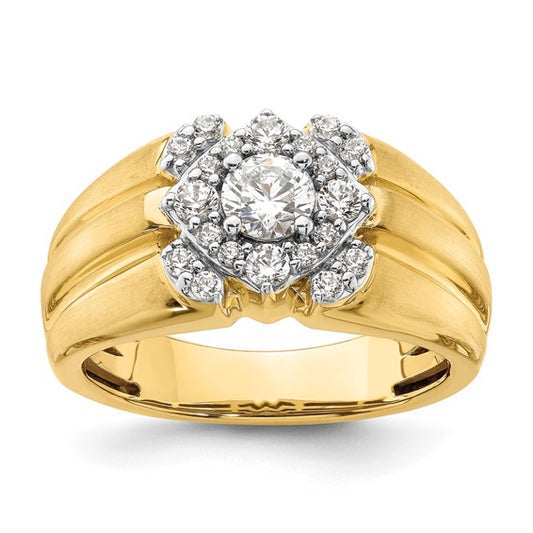 14K Yellow Gold 1 Carat Lab Grown Diamond Center Cut & Cluster Ring