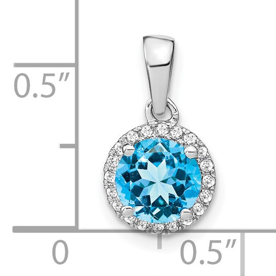 14K White Gold 1.5 Carat Blue Topaz Round Halo Diamond Pendant