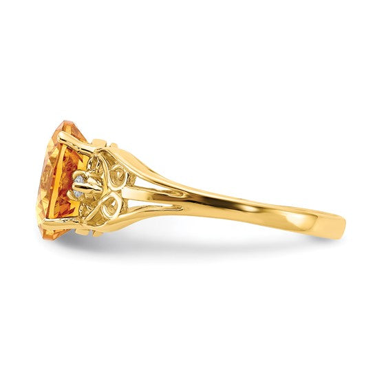 14K Yellow Gold Large Natural Citrine & Diamond Center Ring