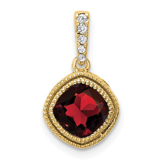 14K Yellow Gold Textured Bezel Natural Garnet & Diamond Pendant