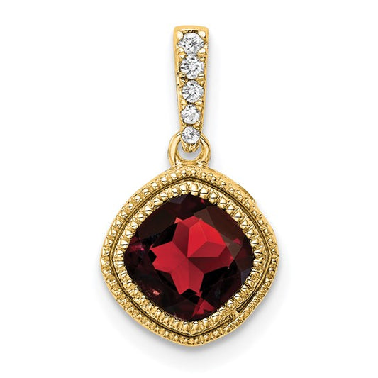 14K Yellow Gold Textured Bezel Natural Garnet & Diamond Pendant