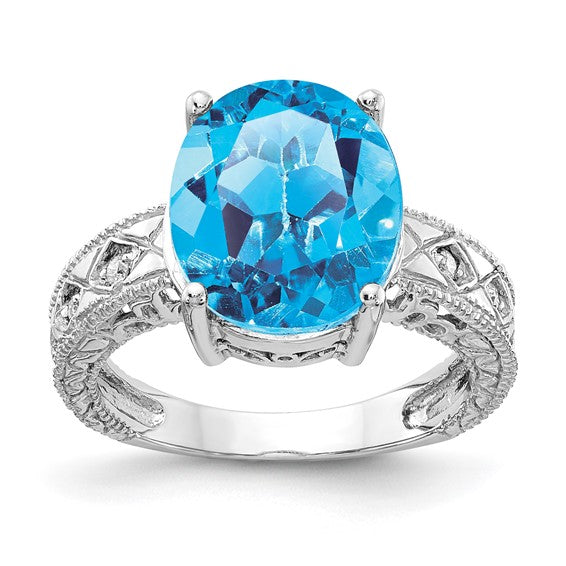 14K White Gold 6 Carat Blue Topaz Diamond Cut Ring