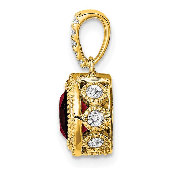 14K Yellow Gold Textured Bezel Natural Garnet & Diamond Pendant