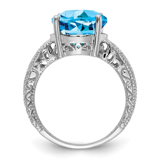 14K White Gold 6 Carat Blue Topaz Diamond Cut Ring