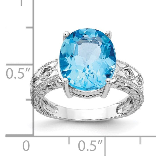 14K White Gold 6 Carat Blue Topaz Diamond Cut Ring