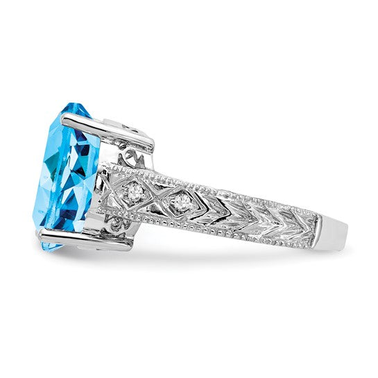 14K White Gold 6 Carat Blue Topaz Diamond Cut Ring