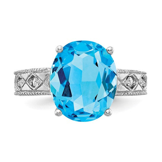 14K White Gold 6 Carat Blue Topaz Diamond Cut Ring