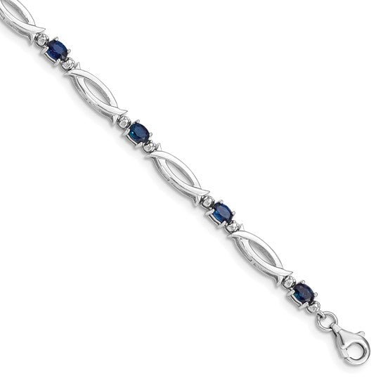 Sterling Silver Natural Sapphire & Diamond Oval Bracelet