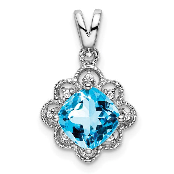 14K White Gold Victoria Style Blue Topaz & Diamond Pendant