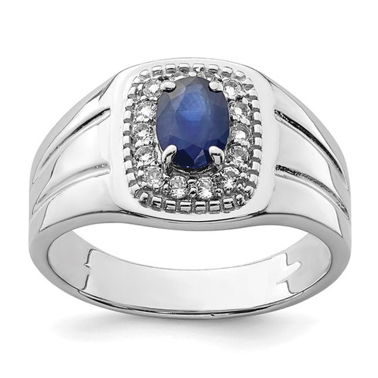 Sterling Silver Natural Sapphire & Diamond Center Stone Men's Ring