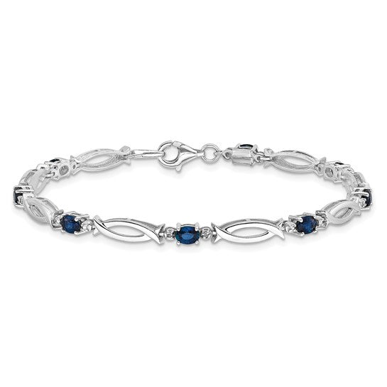 Sterling Silver Natural Sapphire & Diamond Oval Bracelet