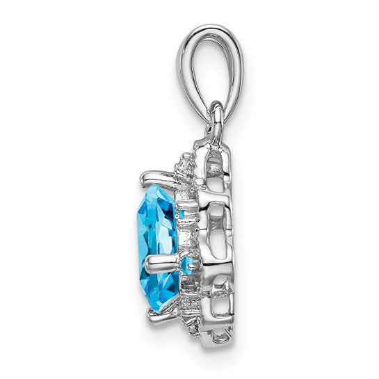 14K White Gold Victoria Style Blue Topaz & Diamond Pendant