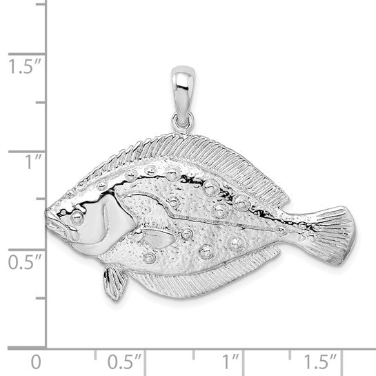 Sterling Silver Rhodium Plated Flounder Fish 3D Pendant