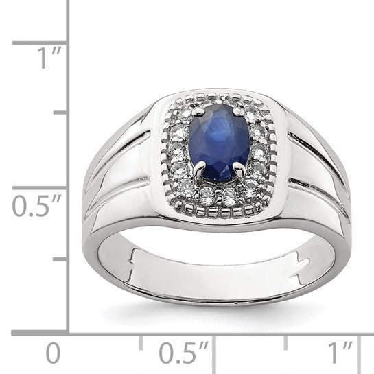 Sterling Silver Natural Sapphire & Diamond Center Stone Men's Ring