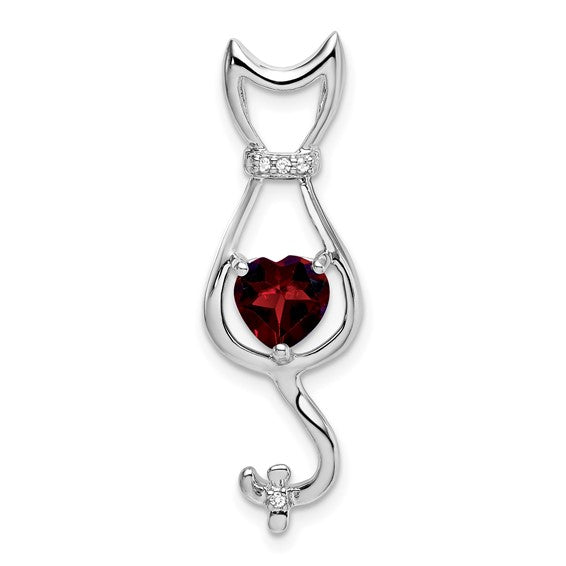 14K White Gold Pet Cat Natural Garnet & Diamond Pendant
