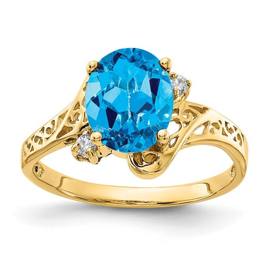 14K Yellow Gold 2.5 Carat Blue Topaz & Diamond Fancy Cut Out Ring