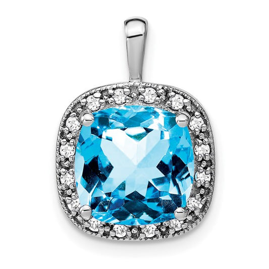 14K White Gold 5.5 Carat Square Cut Blue Topaz & Diamond Halo Pendant