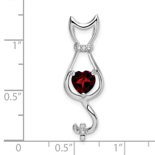 14K White Gold Pet Cat Natural Garnet & Diamond Pendant