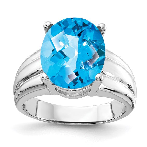 14K White Gold 5.5 Carat Checkerboard Cut Blue Topaz Wide Band Solitaire Ring