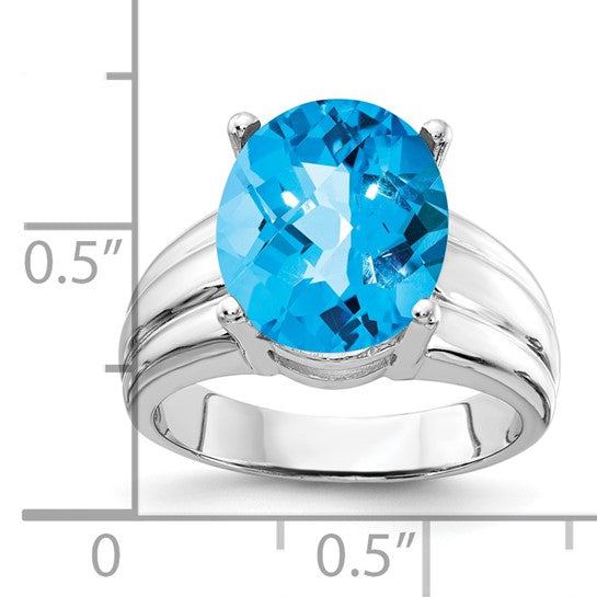 14K White Gold 5.5 Carat Checkerboard Cut Blue Topaz Wide Band Solitaire Ring