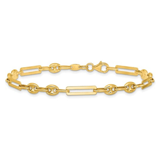 14K Yellow Gold Puffed Anchor Paperclip Bracelet