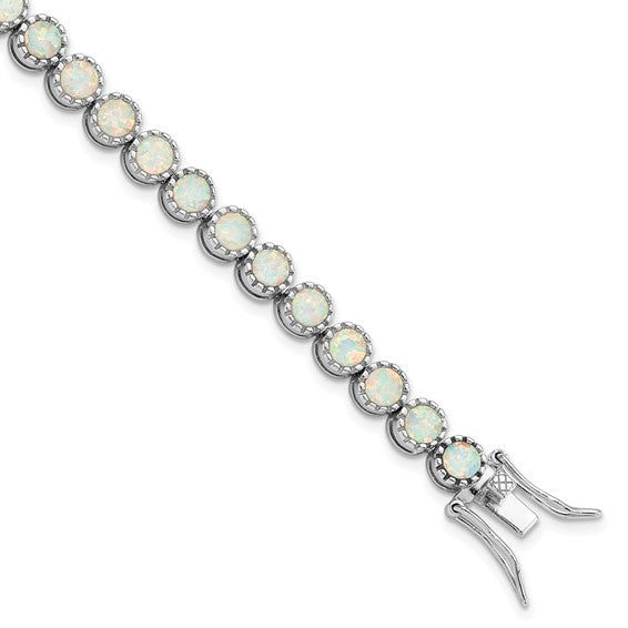Sterling Silver White Gold Plated Beaded Lab Created Opal Inlay Bracelet