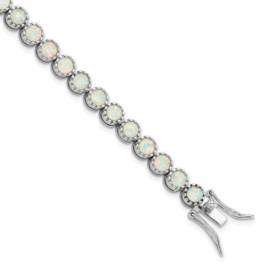 Sterling Silver White Gold Plated Beaded Lab Created Opal Inlay Bracelet