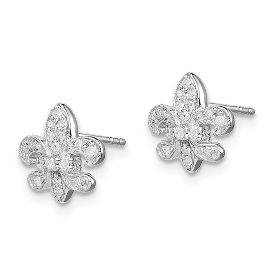 White Gold Filled Sterling Silver Diamond Fleur De Lis Earrings