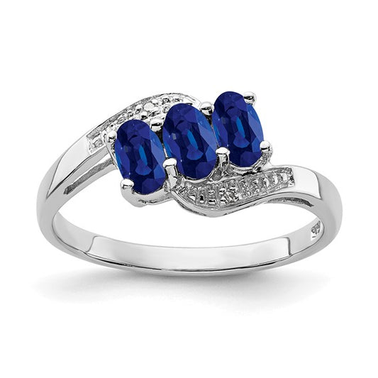 Sterling Silver Natural Sapphire & Diamond 3 Stone Ring
