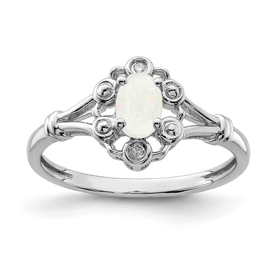 Sterling Silver October Birthstone Lab Created Opal & Natural Diamond Ring Oval Style