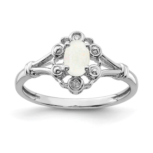 Sterling Silver October Birthstone Lab Created Opal & Natural Diamond Ring Oval Style