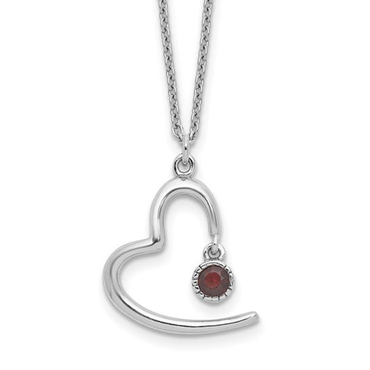 Sterling Silver Rhodium Plated Open Heart Natural Garnet Necklace